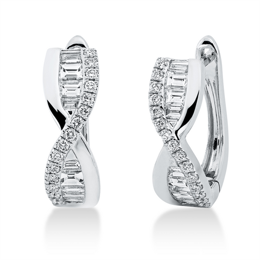 Creolen 18 kt WG, 8 Bag. 0,16 ct, TW-vsi, 8 Bag. 0,43 ct, TW-vsi, 30 Brill. 0,20 ct, TW-si