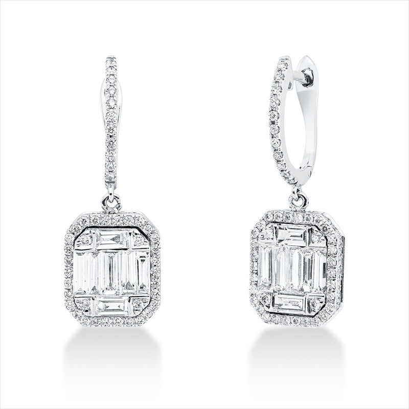 Ohrschmuck 14 kt WG, 12 Bag. 0,77 ct, F-vsi, 2 Bag. 0,16 ct, F-vsi, 152 Brill. 0,63 ct, F-vsi