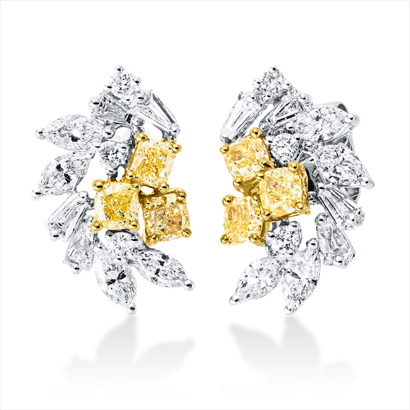 Ohrstecker 18 kt WG+GG, 8 Trap. 0,30 ct, 8 Nav. 0,71 ct, 6 Brill. 0,13 ct, TW-si, 6 Cushion 1,07 ct, gelb