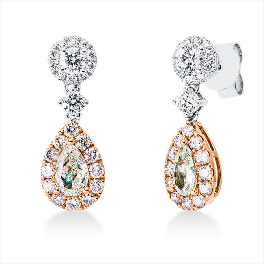 Ohrschmuck 18 kt WG+RG, 24 Brill. 0,63 ct, TW-si, 2 Tropfen 1,07 ct, grün, 24 Brill. 0,61 ct, pink