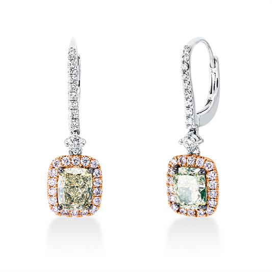 Ohrschmuck 18 kt WG+RG, 20 Brill. 0,22 ct, TW-si, 2 Cushion 2,02 ct, grün, 36 Brill. 0,30 ct, pink