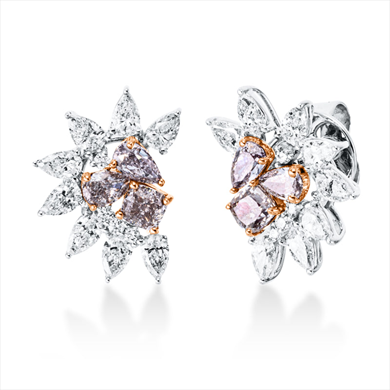 Ohrstecker 18 kt WG+RG, 16 Tropfen 1,23 ct, TW-si, 8 Brill. 0,08 ct, TW-si, 6 Fant-Schl. 1,00 ct, pink