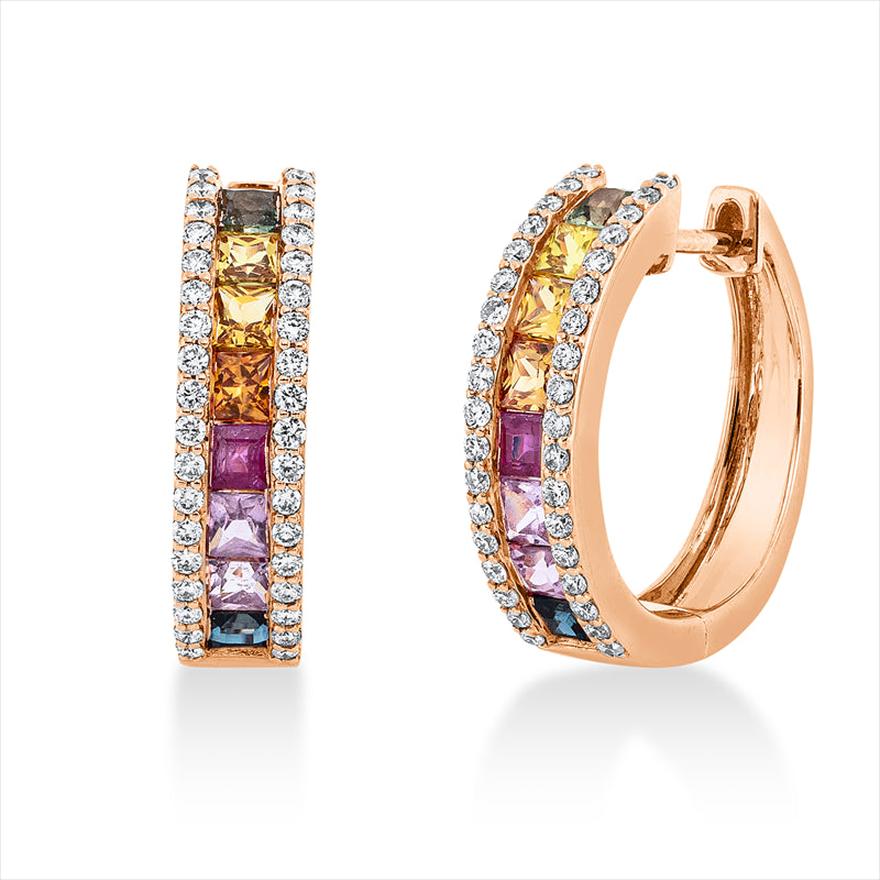 Creolen 18 kt RG, 72 Brill. 0,33 ct, TW-si, 16 Saphire 1,25 ct fancy