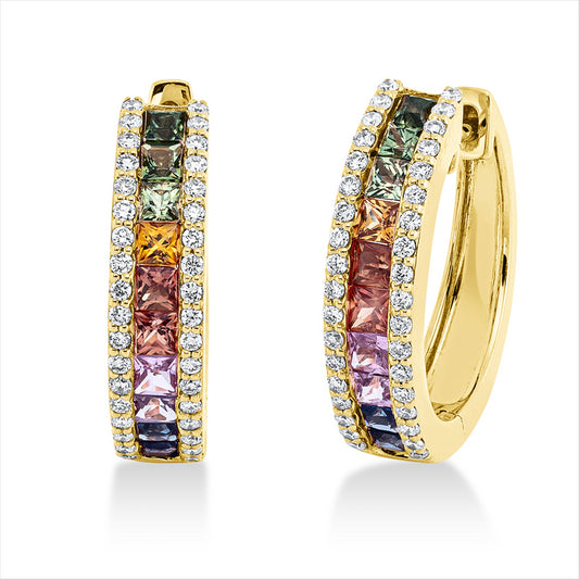 Creolen 18 kt GG, 72 Brill. 0,29 ct, TW-si, 18 Saphire 1,11 ct fancy