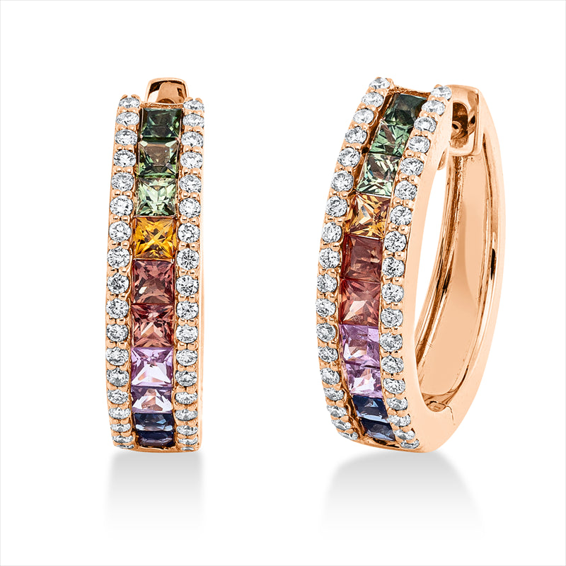 Creolen 18 kt RG, 72 Brill. 0,32 ct, TW-si, 18 Saphire 1,04 ct fancy