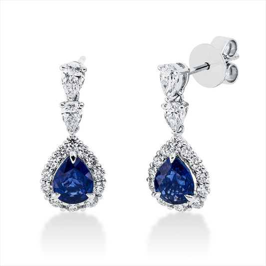 Ohrschmuck 18 kt WG, 4 Tropfen 0,47 ct, TW-si, 24 Brill. 0,46 ct, TW-si, 2 Saphire 1,50 ct blau