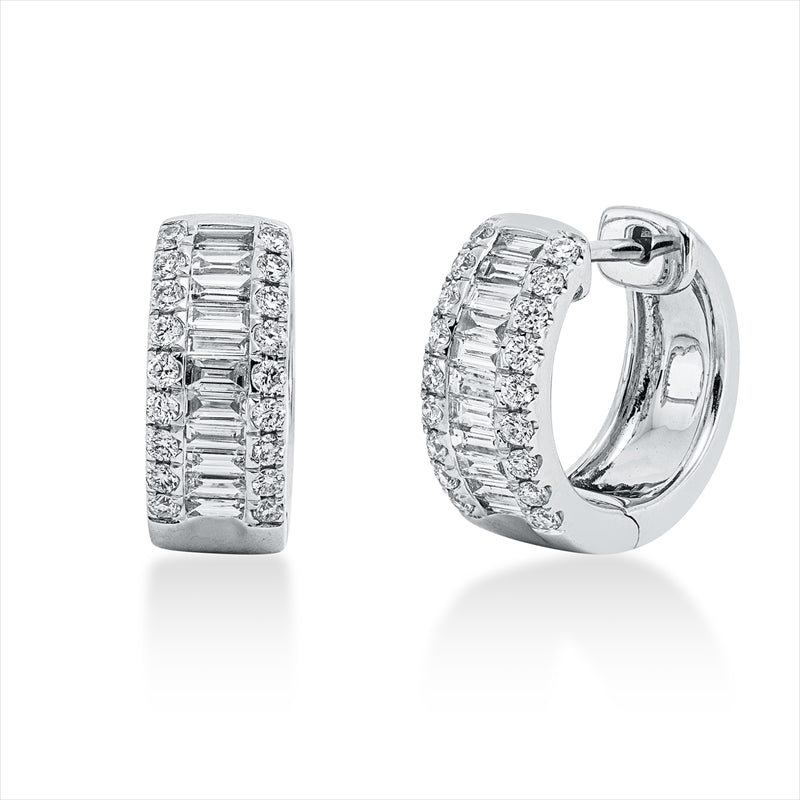 Creolen 18 kt WG, 22 Bag. 0,51 ct, F-vsi, 36 Brill. 0,33 ct, F-vsi