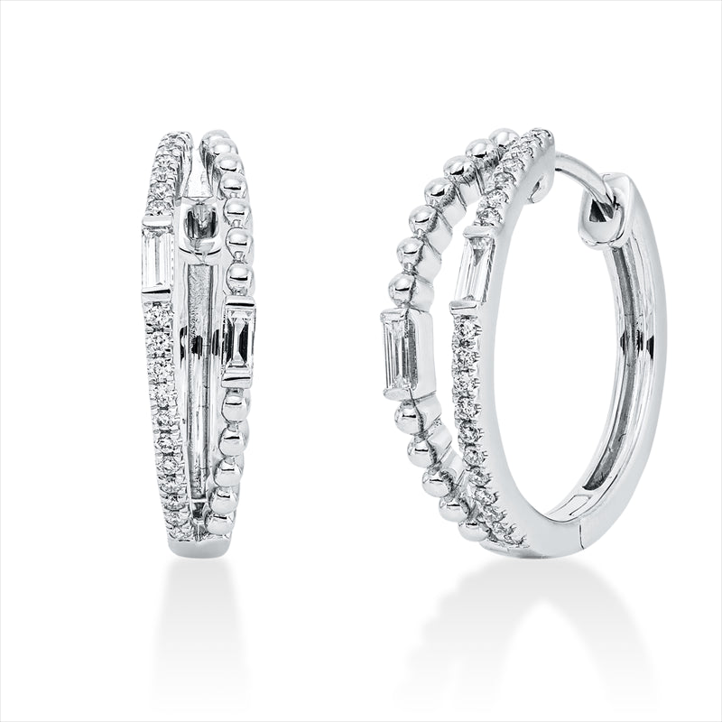 Creolen 18 kt WG, 4 Bag. 0,08 ct, F-vsi/si, 36 Brill. 0,13 ct, TW-si