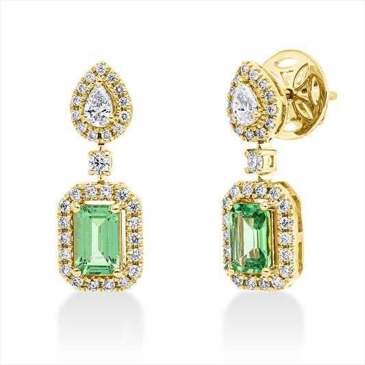 Ohrschmuck 18 kt GG, 2 Brill. 0,06 ct,2 Tropfen 0,19 ct, 62 Brill. 0,40 ct, Tsavorith 1,28 ct grün