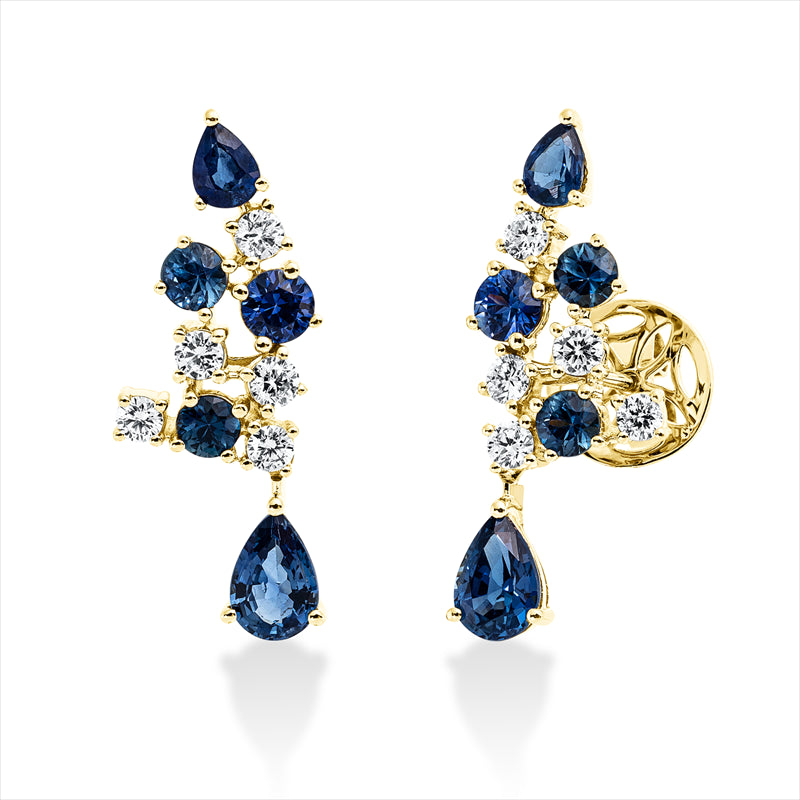 Ohrschmuck 18 kt GG, 10 Brill. 0,51 ct, F-vsi/si, 2 Saphi 0,35 ct blau, 2 Saphi 0,96 ct, 6 Saphi 0,88 ct