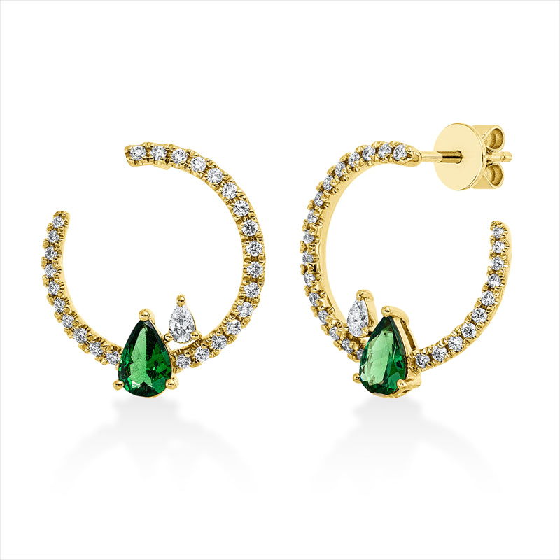 Ohrstecker 18 kt GG, 38 Brill. 0,40 ct, F-vsi, 2 Tropfen 0,08 ct, F-vsi/si, 14 Brill. 0,09 ct, F-vsi, 2 Tsavorith 0,65 ct grün