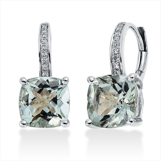 Ohrschmuck 18 kt WG, 18 Brill. 0,07 ct, F-vsi/si, 2 Amethyste 4,17 ct hellgrün