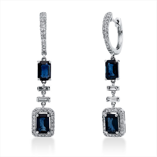 Ohrschmuck 18 kt WG, 2 Brill. 0,02 ct, TW-si, 4 Bag. 0,20 ct, F-vsi/si, 82 Brill. 0,46 ct, TW-si, 4 Saphire 2,20 ct blau