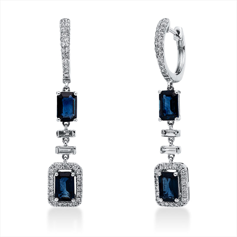 Ohrschmuck 18 kt WG, 2 Brill. 0,02 ct,4 Bag. 0,20 ct, F-vsi/si, 82 Brill 0,46 ct, TW-si,4 Saphire 2,20ct blau
