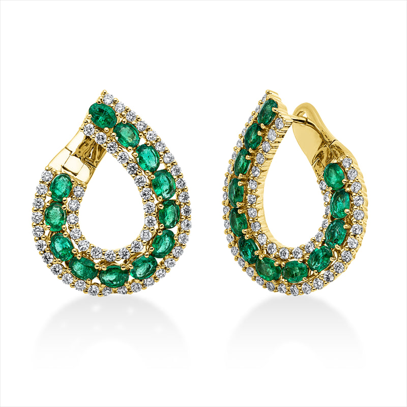 Creolen 18 kt GG, 100 Brill. 2,43 ct, TW-si, 24 Smaragde 3,54 ct grün