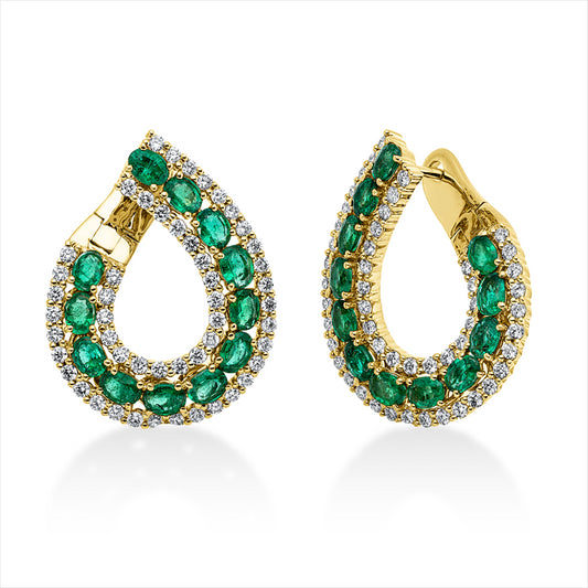 Creolen 18 kt GG, 100 Brill. 2,43 ct, TW-si, 24 Smaragde 3,54 ct grün