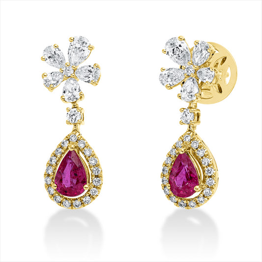 Ohrschmuck 18 kt GG, 4 Brill. 0,10 ct,10 Tropfen 0,88 ct, F-vsi/si, 34 Brill. 0,24 ct, TW-si, 2 Rubine 1,05 ct rot