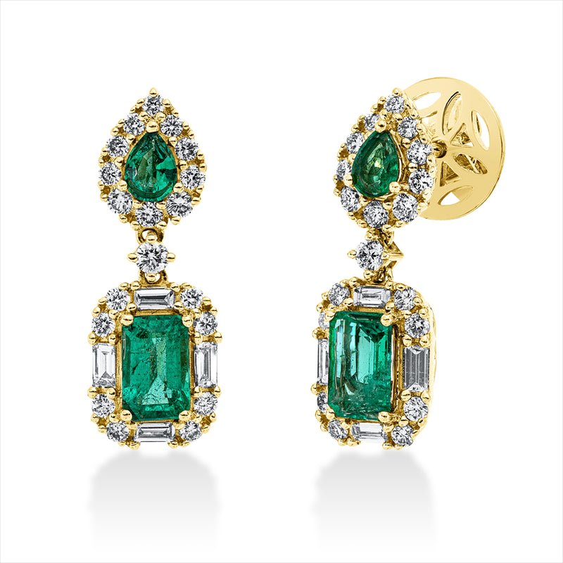 Ohrschmuck 18 kt GG, 38  Brill. 0,56ct, TW-si, 8 Bag. 0,28 ct, F-vsi/si,4 Smaragde 1,18 ct grün