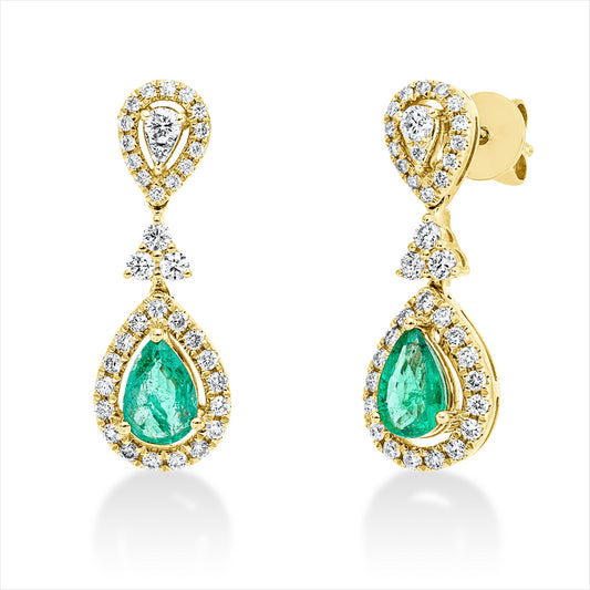 Ohrschmuck 18 kt GG,  8 Brill. 0,17 ct, TW-si, 64 Brill. 0,36 ct, TW-si, 2 Smaragde 0,69 ct grün