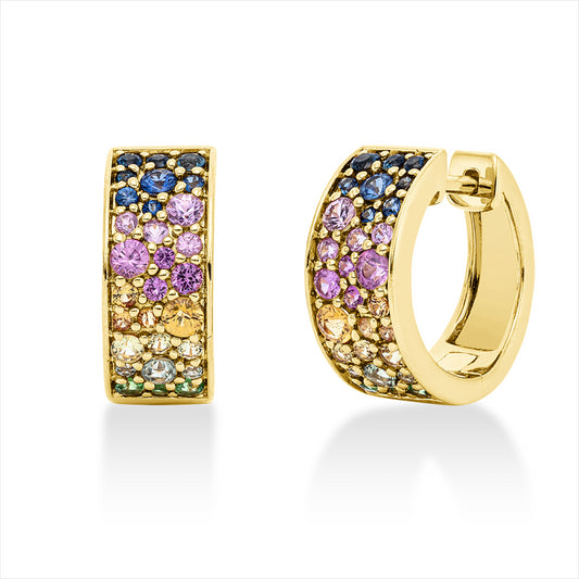 Creolen 18 kt GG, 30Saphire 0,83 ct muticolor, 6 Tsavorith 0,12 ct grün