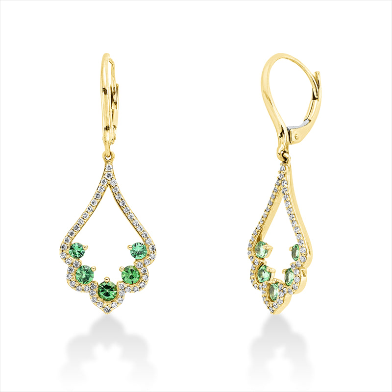 Ohrschmuck 14 kt GG, 98 Brill. 0,35 ct, E-vvs/vs, 6 Tsavorith 0,44 ct grün, 4 Tsavorith 0,21 ct grün