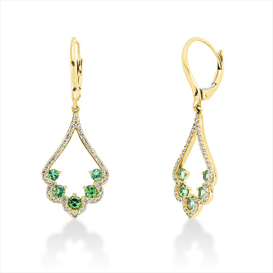 Ohrschmuck 14 kt GG, 98 Brill. 0,35 ct, E-vvs/vs, 6 Tsavorith 0,44 ct grün, 4 Tsavorith 0,21 ct grün