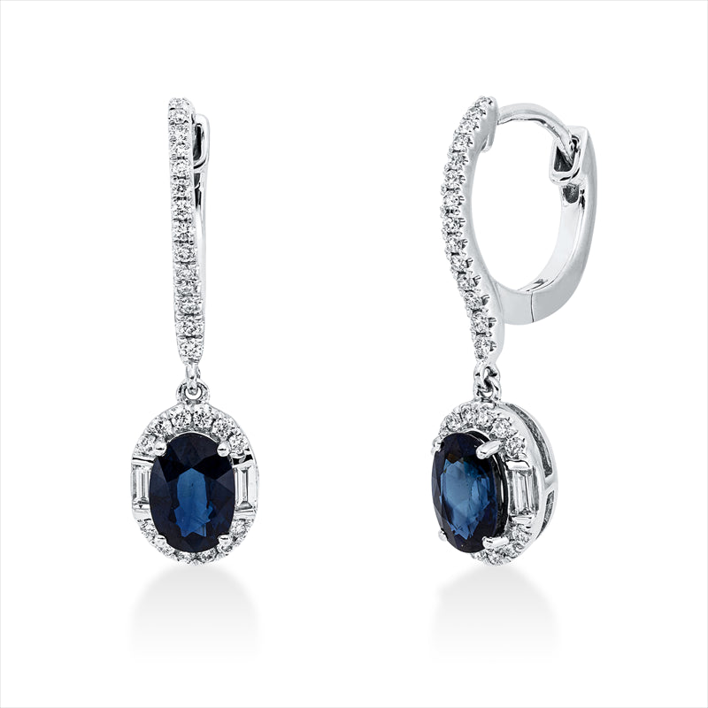 Ohrschmuck 18 kt WG, 4 Bag. 0,08 ct, F-vsi/si, 52 Brill. 0,20 ct, F-vsi/si, 2 Saphire 1,19 ct blau