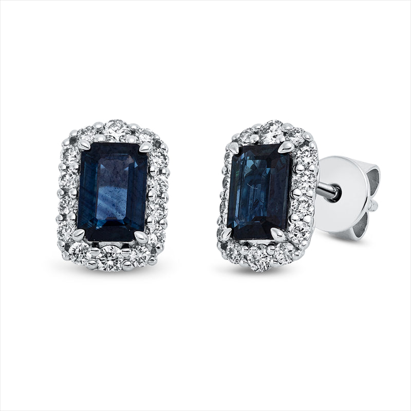 Ohrstecker 18 kt WG, 4 Brill. 0,12 ct, TW-si, 24 Brill. 0,31 ct, TW-si, 2 Saphire 1,34 ct blau