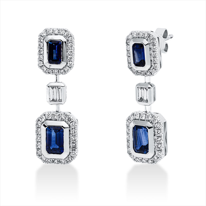 Ohrschmuck 18 kt WG, 40 Brill.0,39 ct, 4 Bag.0,14 ct, F-vsi/si,40 Brill. 0,21 ct TW-si,4 Saphire2,03ct blau