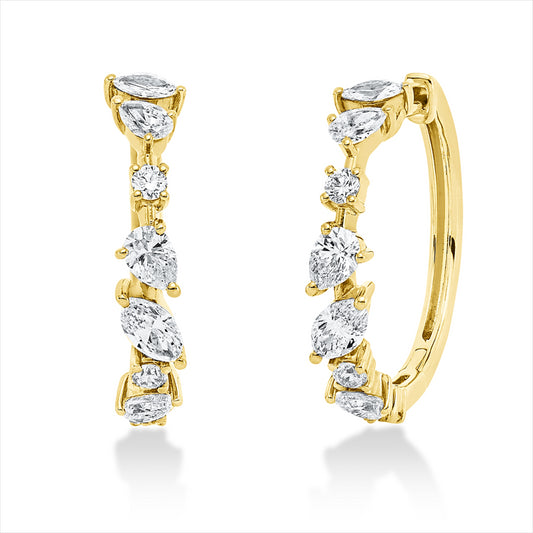 Creolen 18 kt GG,2 Nav.0,11 ct,2 Nav. 0,30 ct, F-vsi/si, 6 Tropfen 0,63 ct, F-vsi/si,6 Brill. 0,22 ct,TW-si