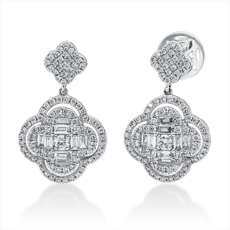 Ohrschmuck 18 kt WG, 8 Brill. 0,08 ct, 2 Brill. 0,11 ct,16 Bag. 0,36 ct, F-vsi/si, 170 Brill. 0,68 ct, TW-si