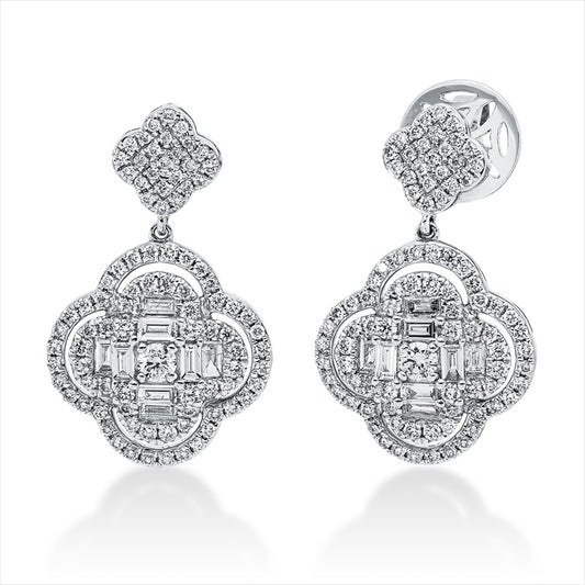 Ohrschmuck 18 kt WG, 8 Brill. 0,08 ct, 2 Brill. 0,11 ct,16 Bag. 0,36 ct, F-vsi/si, 170 Brill. 0,68 ct, TW-si