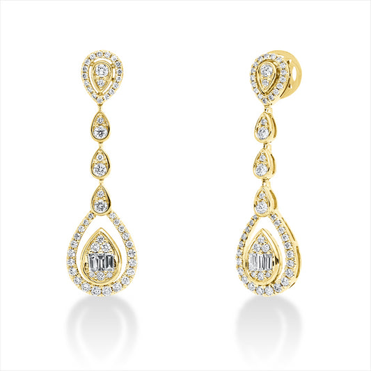 Ohrschmuck 18 kt GG, 44 Brill. 0,51 ct, 54 Brill. 0,28 ct, 6 Bag. 0,23 ct, F-vsi/si, 8 Brill. 0,32 ct, TW-si