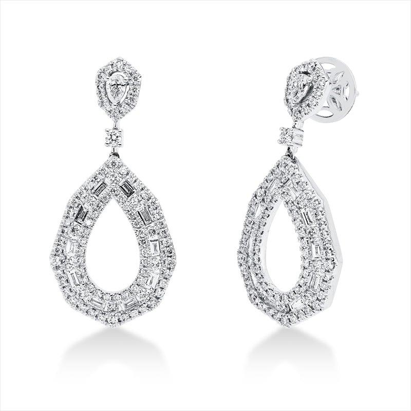 Ohrschmuck 18 kt WG,2 Brill.0,07 ct,174 Brill.1,18ct,TW-si, 20 Bag. 0,58 ct,2 Tropfen 0,16 ct, F-vsi/si