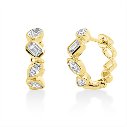 Creolen 18 kt GG, 2 Sm.schliff 0,29 ct, F-vsi/si, 2 Oval 0,27 ct, F-vsi/si, 2 Tropfen 0,17 ct, F-vsi/si, 2 Nav. 0,16 ct, F-vsi/si