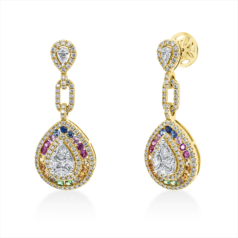 Ohrschmuck 18 kt GG, 2 Fant-Schl. 0,84 ct, F-vsi/si, 182 Brill. 0,94 ct, TW-si, 38 Saphire 1,01 ct fancy