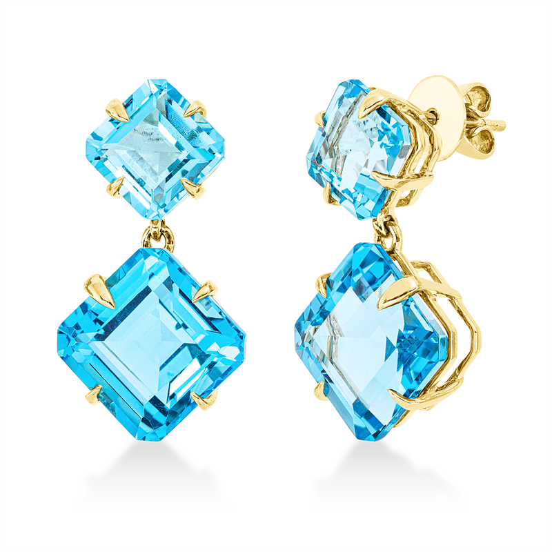 Ohrschmuck 18 kt GG, 2 Topase 17,80 ct blau, 2 Topase 6,80 ct blau