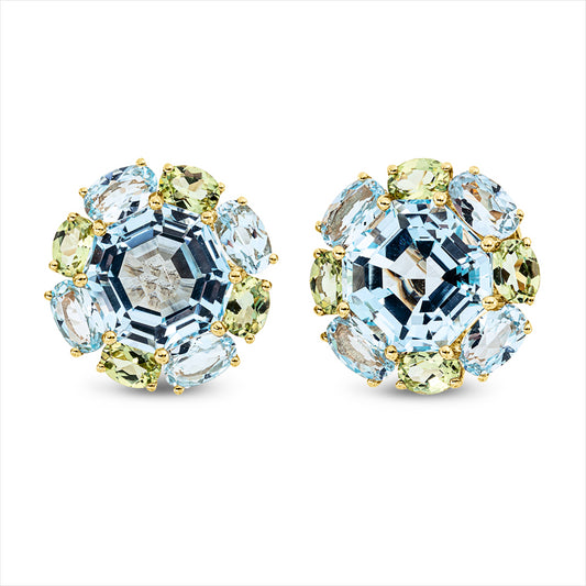 Ohrstecker 18 kt GG, 8 Topase 2,10 ct sky blue, 2 Topase 7,80 ct sky blue, 8 Peridot 1,50 ct grün