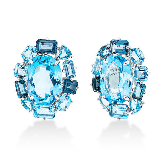 Ohrstecker 18 kt WG, 10 Topase 6,00 ct blau, 2 Topase 15,00 ct blau, 6 Topase 2,80 ct Lond. blue