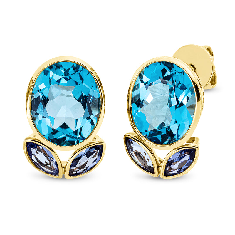 Ohrschmuck 18 kt GG, 4 Tansanit 1,00 ct blau, 2 Topase 9,40 ct blau