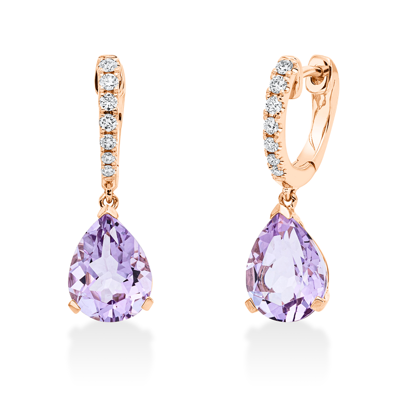 Ohrschmuck 18 kt RG, 14 Brill. 0,16 ct, TW-si, 2 Amethyste 3,20 ct pink