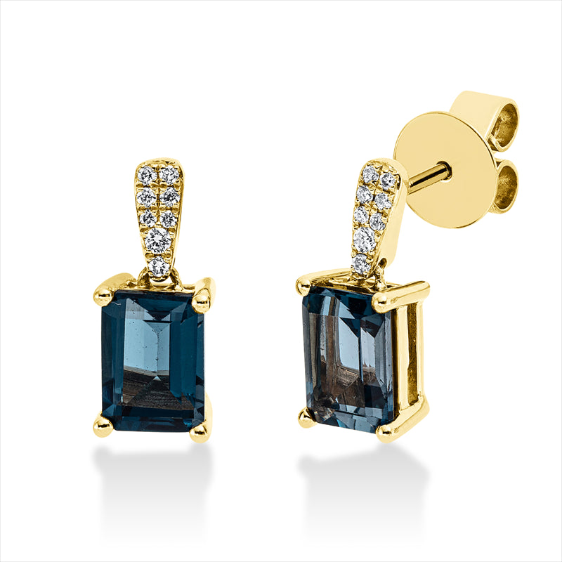 Ohrschmuck 18 kt GG, 12 Brill. 0,06 ct, TW-si, 4 Brill. 0,01 ct, TW-si, 2 Topase 2,48 ct Lond. blue