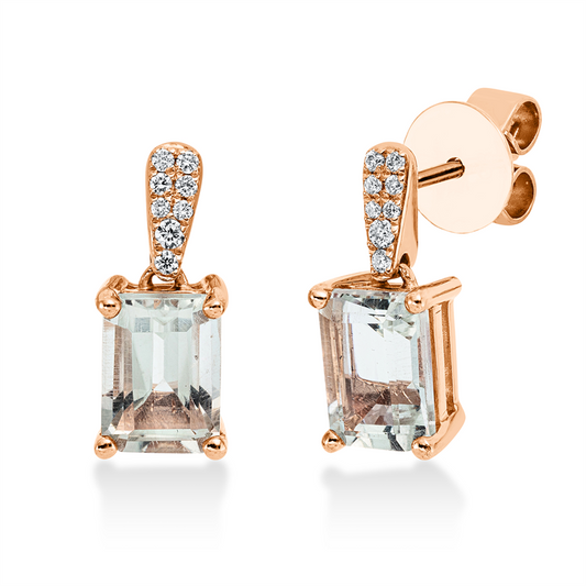 Ohrschmuck 18 kt RG, 12 Brill. 0,06 ct, TW-si, 4 Brill. 0,01 ct, TW-si, 2 Amethyste 2,04 ct grün