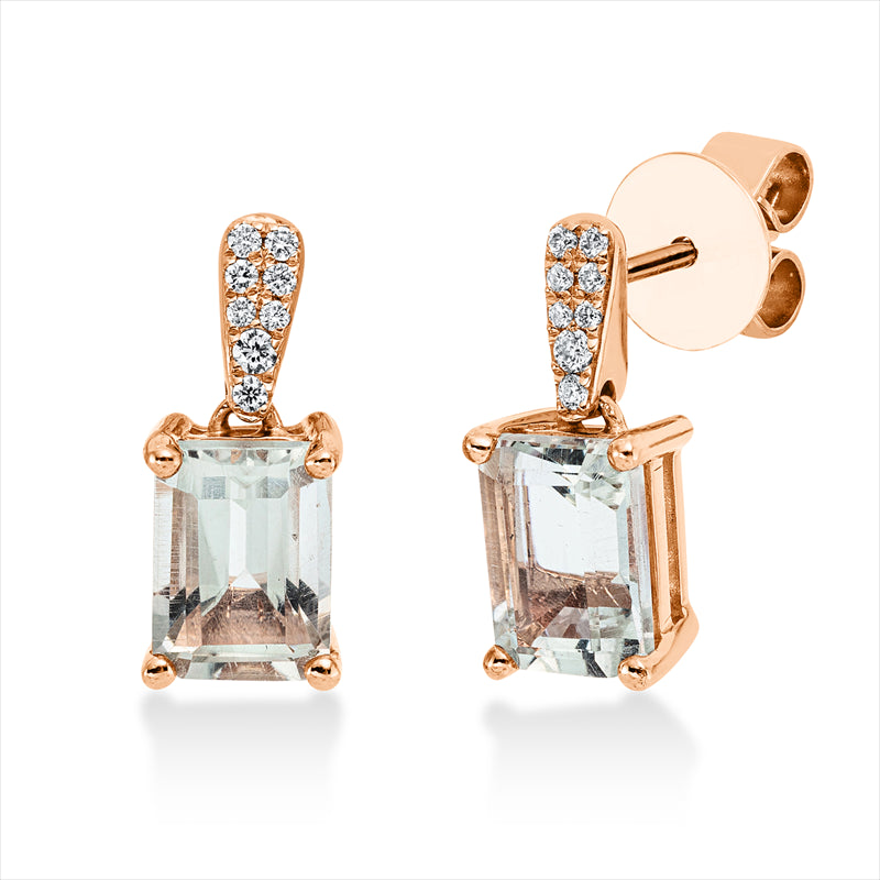 Ohrschmuck 18 kt RG, 12 Brill. 0,06 ct, TW-si, 4 Brill. 0,01 ct, TW-si, 2 Amethyste 2,04 ct grün