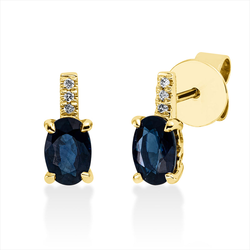 Ohrstecker 18 kt GG, 6 Brill. 0,03 ct, TW-si, 2 Saphire 1,05 ct blau
