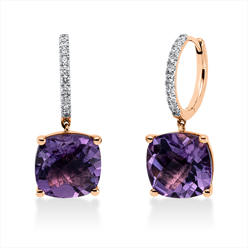 Ohrschmuck 18 kt RG, 20 Brill. 0,22 ct, TW-si, 2 Amethyste 7,77 ct lila