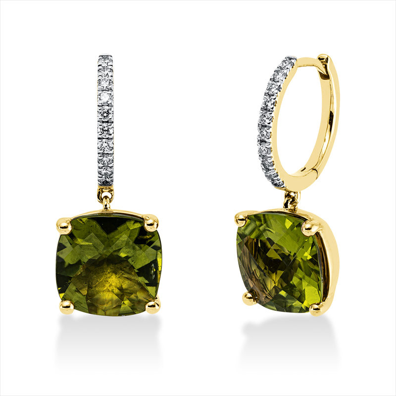 Ohrschmuck 18 kt GG, 20 Brill. 0,22 ct, TW-si, 2 Peridot 8,70 ct grün