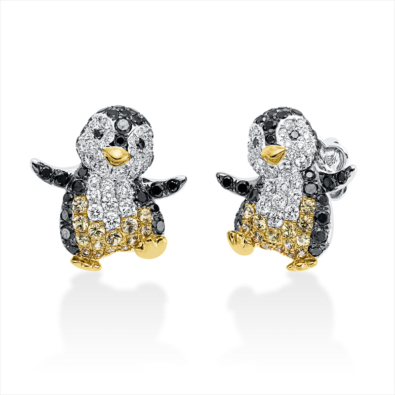 Ohrstecker 18 kt WG+GG, 56 Brill. 0,51 ct, TW-vsi, 66 Brill. 0,73 ct, schwarz, 28 Saphire 0,73 ct gelb