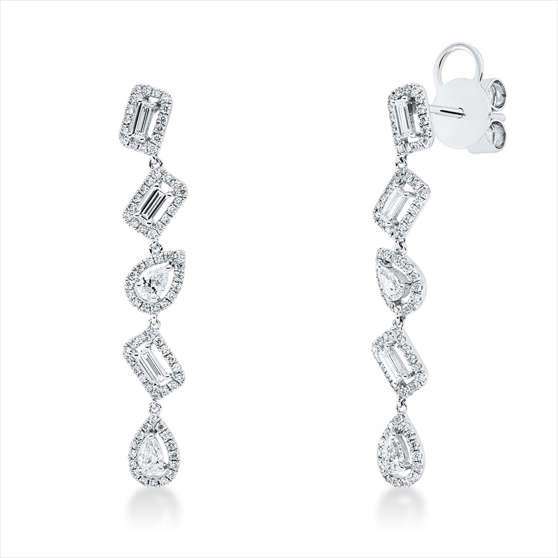 Ohrschmuck 18 kt WG, 6 Bag. 0,25 ct, TW-vsi, 4 Tropfen 0,24 ct, TW-vsi, 160 Brill. 0,44 ct, TW-si