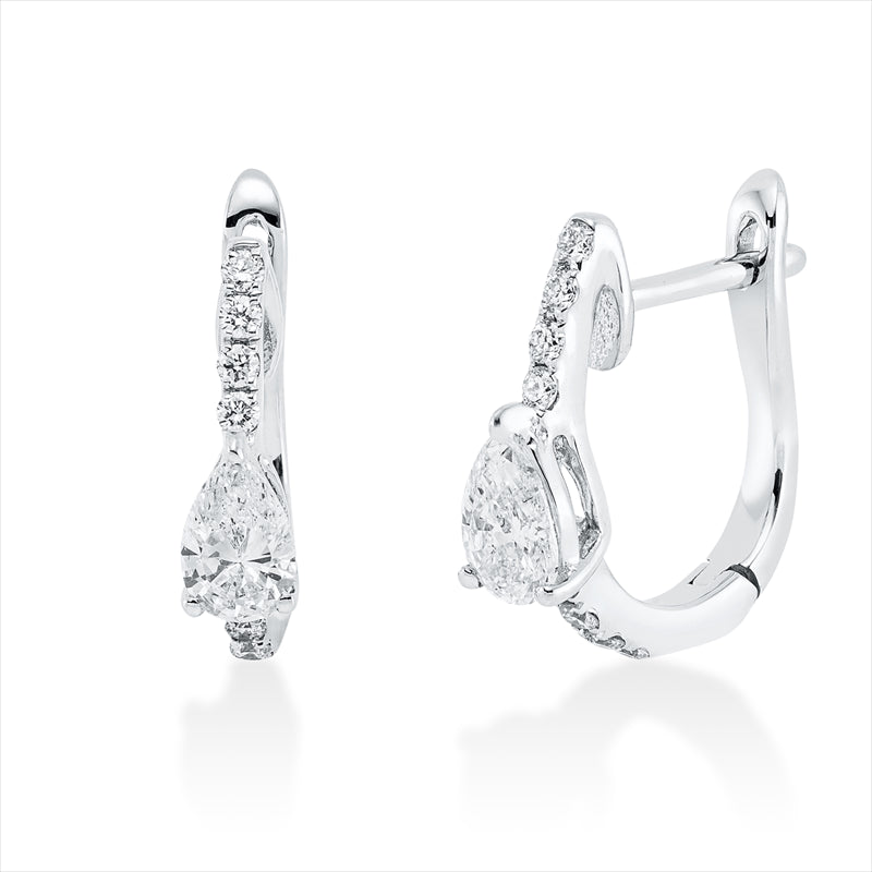 Creolen 18 kt WG, 2 Tropfen 0,39 ct, TW-vsi, 16 Brill. 0,11 ct, TW-si